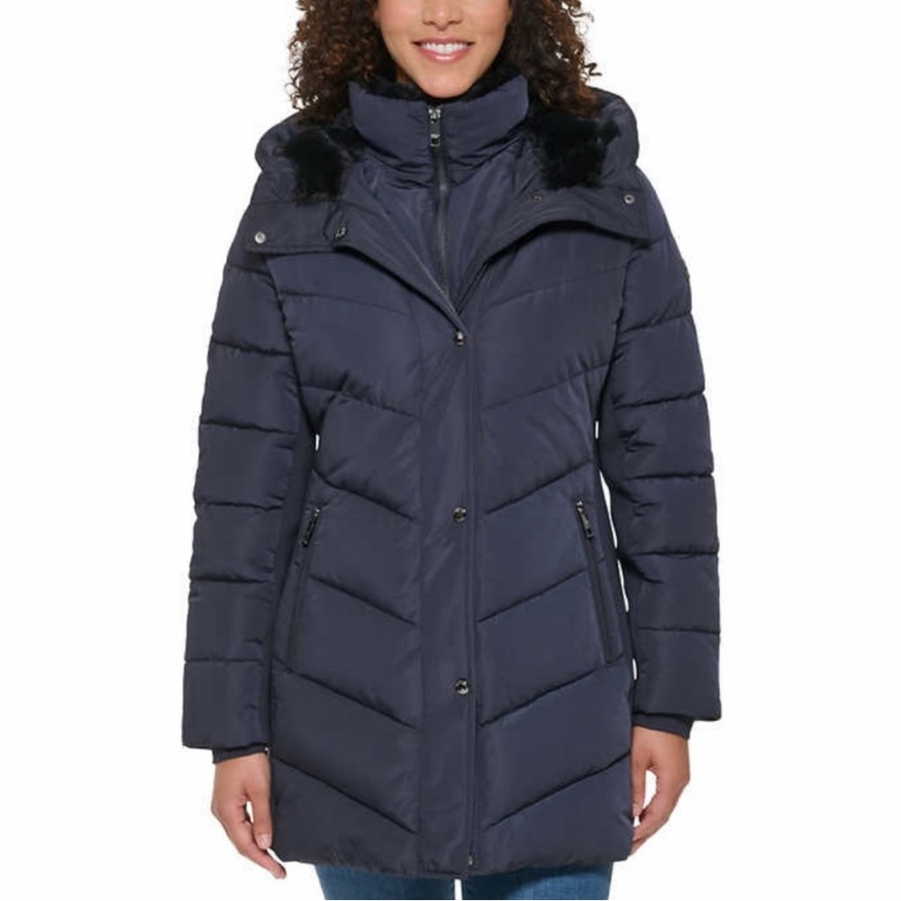 Andrew Marc Women's Mixed Media Hooded Puffer Walker Jacket Navy Medium